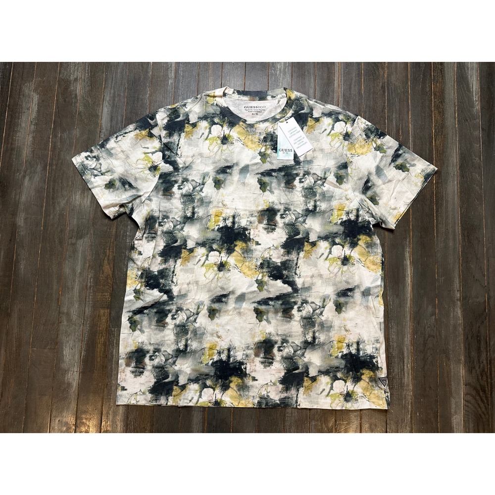 Guess Eco Mens Abstract Tie Dye Organic Cotton T-Shirt Grey Yellow